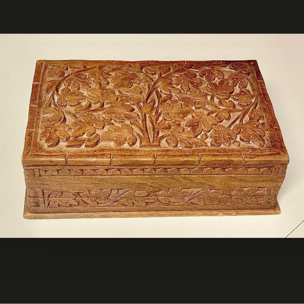 Vintage Kashmiri Walnut Wood Slide Lock Jewelry Box